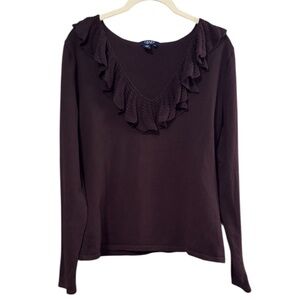 Chaps Women’s Large Chocolate Brown Pullover Sweater V-Neck Ruffle Collar